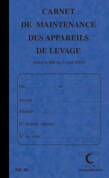 Piqûre 32 pages carnet maintenance p/ appareil de levage folioté de 1 à 15 ELVE