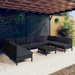 vidaXL Salon de jardin 10 Pièces avec coussins Noir Bois de pin solide