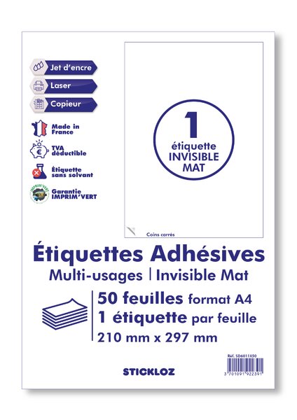 50 planches a4 - 1 étiquette 210 mm x 297 mm autocollante invisible mat par planche pour tous types imprimantes - jet d'encre/laser/photocopieuse