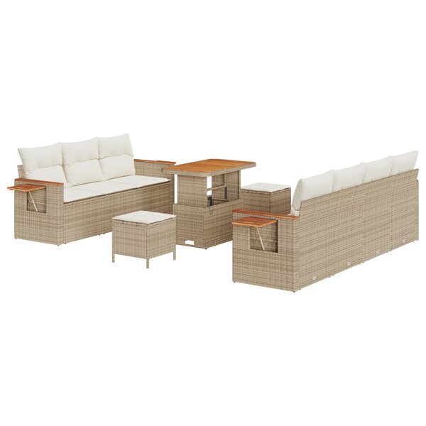 Ensemble de canapé de jardin 10 pièces avec coussins beige poly rotin acacia