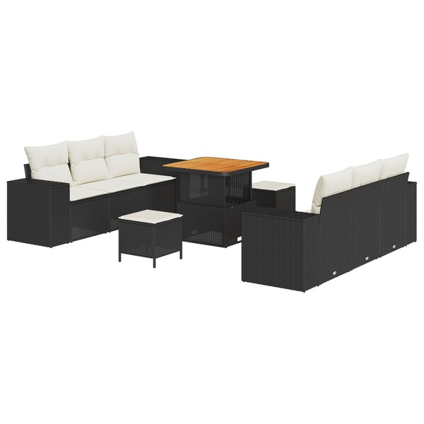 vidaXL Set de canapés de jardin 9 pièces avec des coussins en polyrotin noir et en acacia