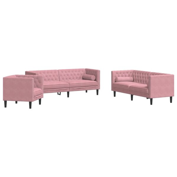 vidaXL Ensemble de canapé Chesterfield et traversins 3Pièces rose velours