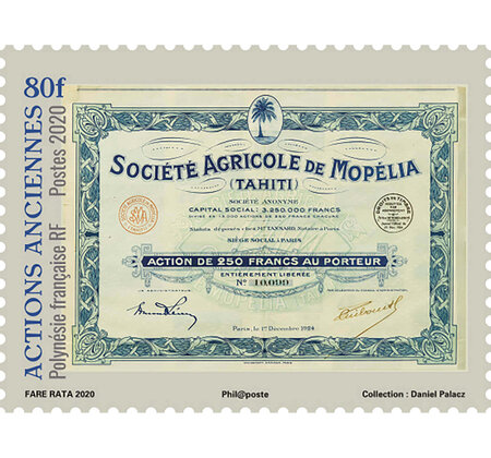 Timbre - Polynésie Française - Actions Anciennes Société Agricole de Mopelia  - 80F