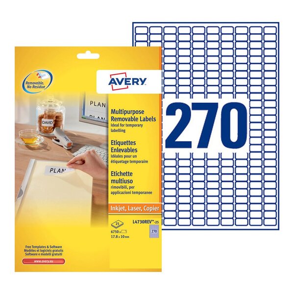 Étiquettes enlevables couleur, 17,8 x 10 mm - 25 feuilles, 270 étiquettes par feuilles a4 - blanc (paquet 6750 unités)