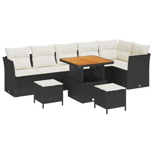 Set de canapé de jardin 9 pièces avec coussins Noir Poly Rotin Acacia