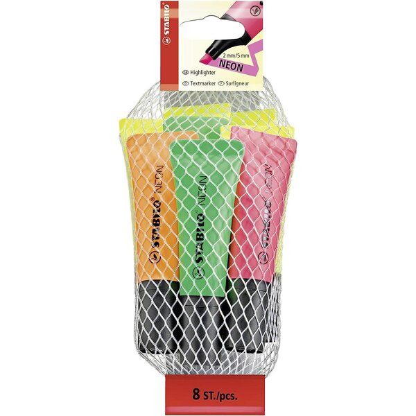 Filet x 8 surligneurs stabilo neon - 4 jaune + 2 vert + 1 orange + 1 rose x 10 stabilo