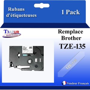 Ruban d'étiqueteuse compatible avec Brother Tze135 Tze-135 pour étiqueteuses P-touch - Texte blanc sur fond transparent - Largeur 12 mm x 8 mètres