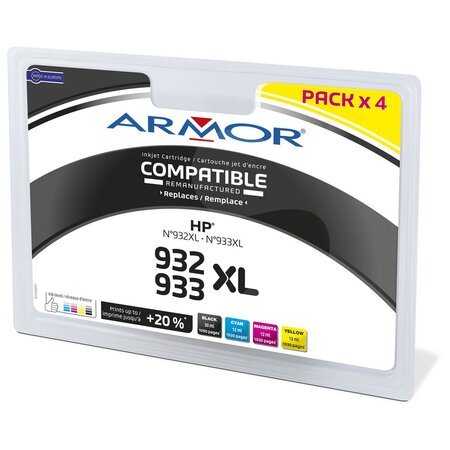 Cartouche d'encre remanufacturée, compatible pour hp 932xl -933xl, c2p42ae,  pack 4 couleurs - noir + couleurs (blister 4 unités)