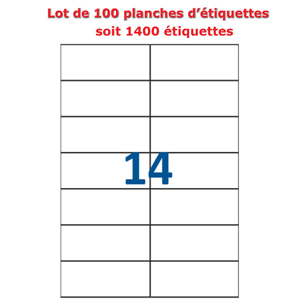 Lot de 100 Planches étiquettes autocollantes sur feuille A4 : 105 x 42 3 mm (14 étiquettes par feuille)