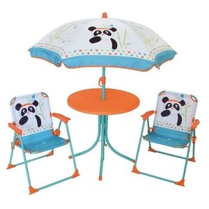 Salon de jardin avec une table INDIAN PANDA 2 chaises pliables et un parasol pour enfant