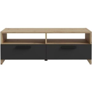 Meuble TV chêne et Noir - 2 Abattants + 2 niches - 95 x 36 x 34 5 cm