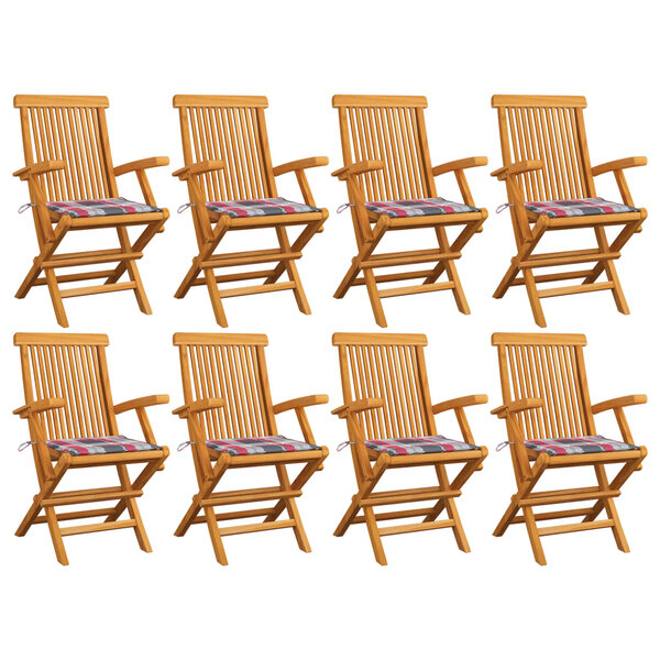 vidaXL Chaises de jardin et coussins à carreaux rouge 8Pièces Teck massif