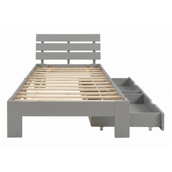 Lit simple 90x200 cm gris en pin massif  2 tiroirs de rangement et sommier a lattes