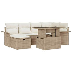 vidaXL Ensemble de canapé de jardin avec coussin 7 Pièces Beige polyrotin