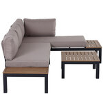 Ensemble salon de jardin d'angle design contemporain 5 places coussins marron table basse alu. noir et imitation bois