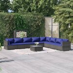 vidaXL Salon de jardin 9 Pièces avec coussins Résine tressée Gris