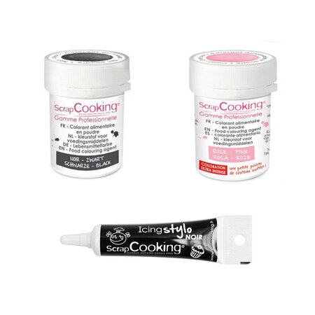 2 colorants alimentaires noir-rose poudré + Stylo glaçage noir