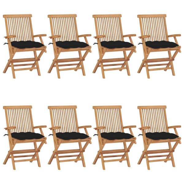 vidaXL Chaises de jardin avec coussins noir lot de 8 Bois teck massif