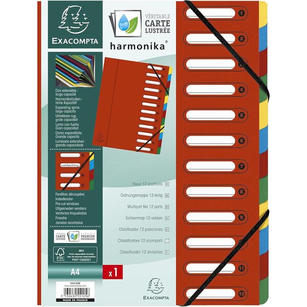 Trieur HARMINIKA à Fenêtres et Élastiques 12 Compartiments Rouge x 6 EXACOMPTA