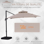 Parasol déporté carré double toit inclinable pivotant manivelle lestage inclus dim. 2 7l x 2 7l x 2 6h m acier polyester beige
