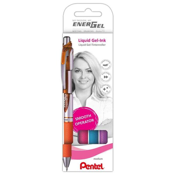 kit de 4 Stylo roller à encre gel EnerGel XmRT orange  vert clair  fuchsia PENTEL