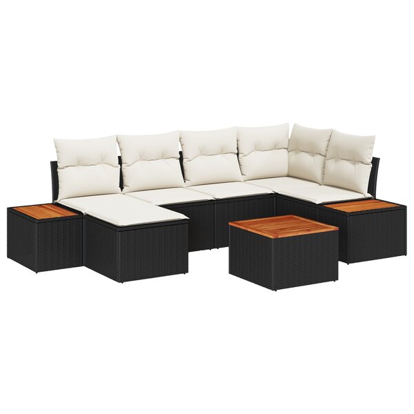 vidaXL Ensemble de Canapé de Jardin 7 Pièces avec Coussins Noir en Rotin Poly Acacia