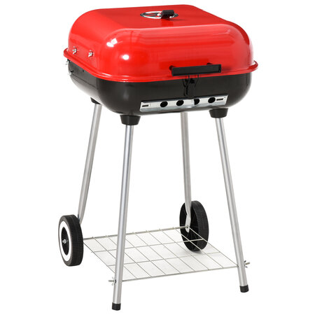 Barbecue à charbon BBQ grill sur pied avec couvercle et roulettes  dim. 47L x 45l x 70H cm acier émaillé rouge