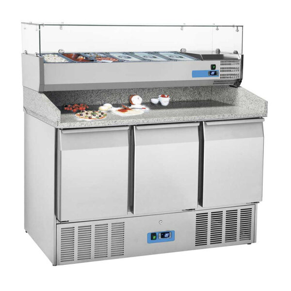 Table à pizza réfrigérée 3 portes gn 1/1 dessus granit et kit réfrigéré - r290a - 3pleine 1400x700xmm