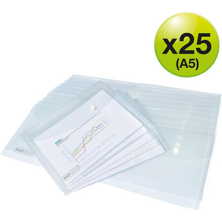 Lot de 25 pochettes a5 transparente fermeture bouton pression rapesco