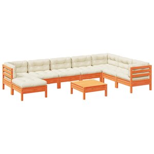 vidaXL Salon de jardin 9 Pièces avec coussins marron cire bois pin massif