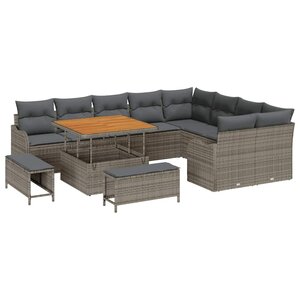 Ensemble de canapé de jardin 12 pièces avec coussins en rotin poly gris acacia