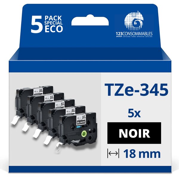 Pack de 5 Rubans compatible avec Brother TZe345 - Texte blanc sur fond noir - Largeur 18 mm x 8 mètres