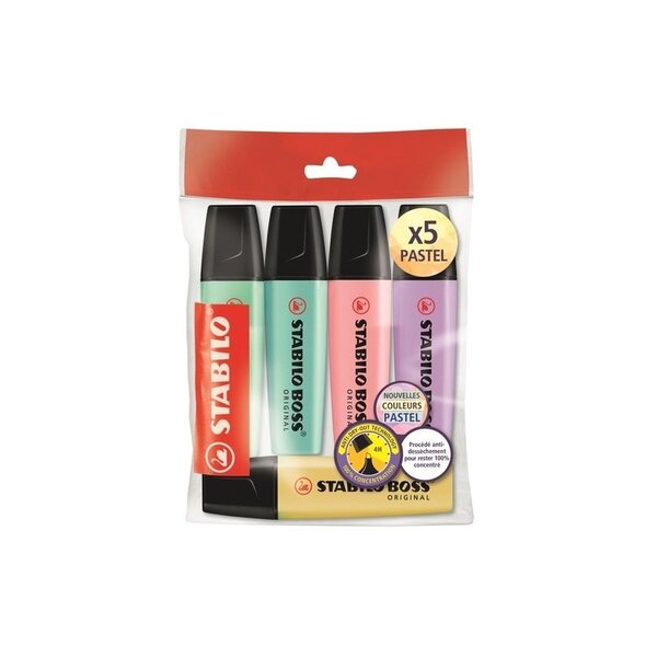 5 surligneurs - stabilo boss original - pastel - assortiment