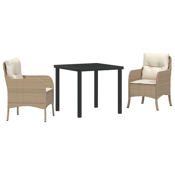 vidaXL Set de salle à manger de jardin 3 pièces avec coussins beiges en poly rattan