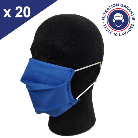 Masque Tissu Lavable x10 Bleu Royal Lot de 20