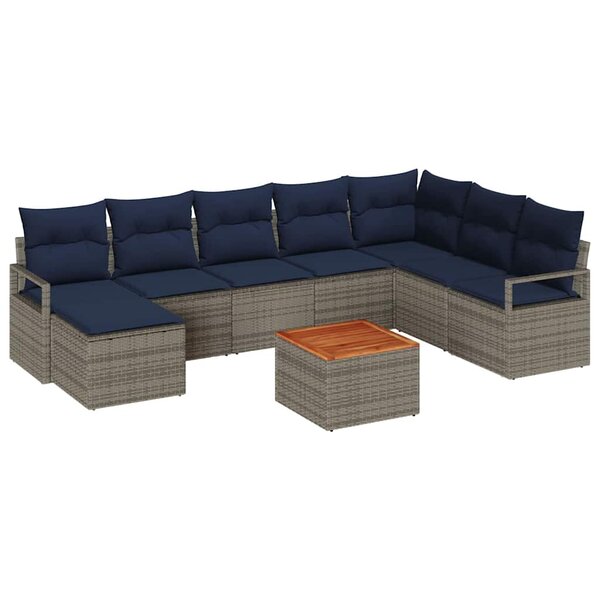 vidaXL Ensemble de canapé de jardin avec coussin 9 Pièces Gris Poly rotin