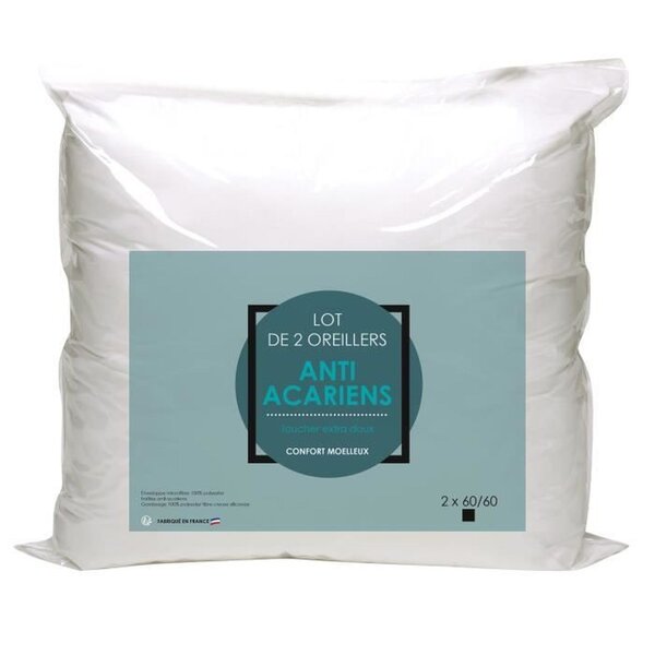 2 oreillers microfibre anti-acariens 60 x 60 cm