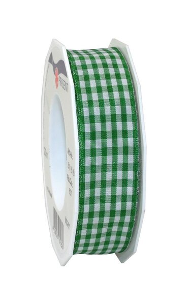 Ruban textile carreau de vichy 20-m-rouleau 25 mm mit draht vert/blanc