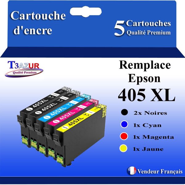 T3AZUR - 5x Cartouches compatibles avec Epson WorkForce Pro WF-3820DWF (2Noires + 1Cyan + 1 Magenta + 1 Jaune)