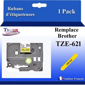 Ruban d'étiqueteuse compatible avec Brother Tze621  Tze-621 pour étiqueteuses P-touch - Texte noir sur fond jaune