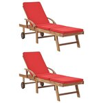 vidaXL Chaises longues avec coussins 2 Pièces Bois de teck solide Rouge