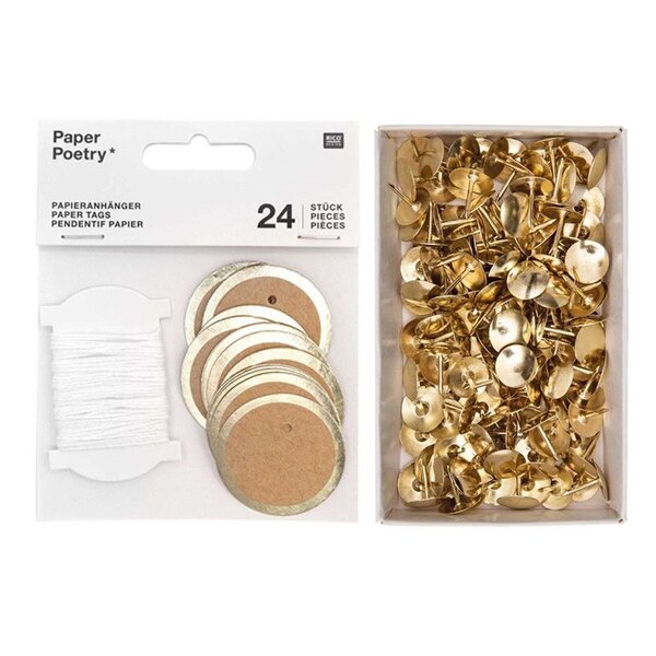 24 étiquettes à suspendre rondes kraft & argenté + 150 punaises dorées