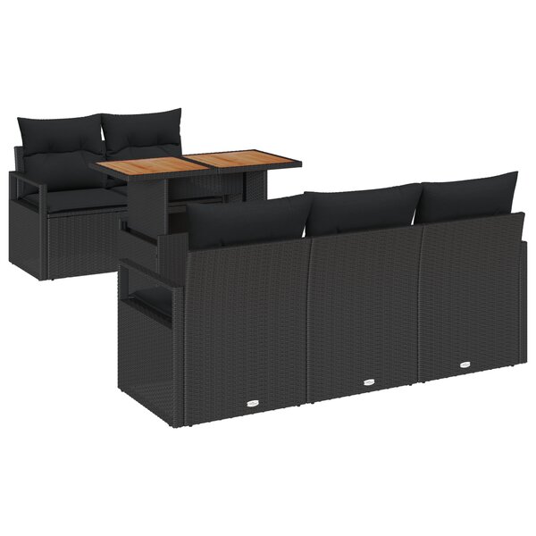 Ensemble de canapés de jardin de 6 pièces avec coussins en poly rattan noir Acacia