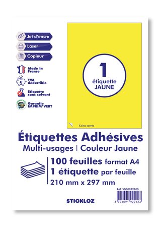 100 planches a4 - 1 étiquette 210 mm x 297 mm autocollante jaune par planche pour tous types imprimantes - jet d'encre/laser/photocopieuse