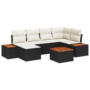 Ensemble de canapé de jardin 7 pièces avec coussins Noir Poly Rattan Acacia