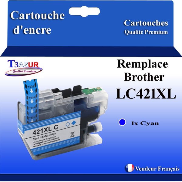 T3AZUR- Cartouche compatible avec Brother LC421 XL pour Brother DCP-J1050DW  DCP-J1140DW  DCP-J114DW  DCP-J1800DW Cyan