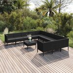 vidaXL Salon de jardin 12 Pièces avec coussins Résine tressée Noir