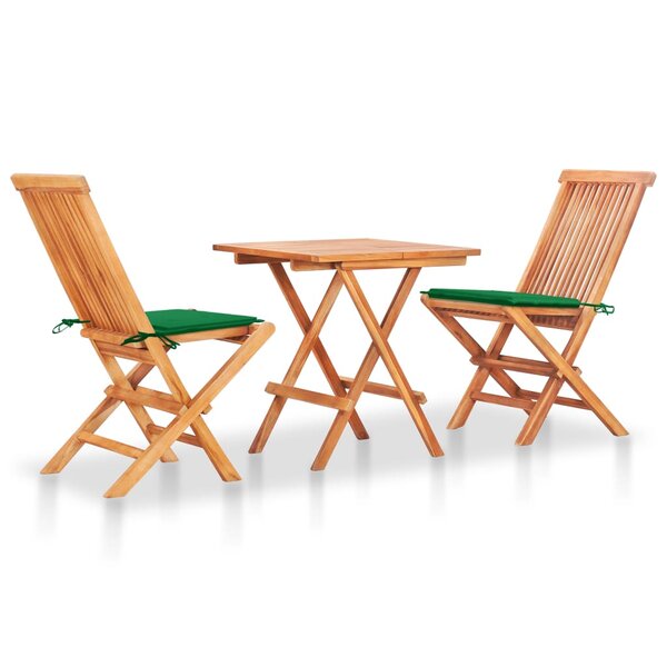 vidaXL Ensemble de bistro 3 Pièces avec coussins vert Bois de teck massif