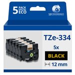 Pack de 5 Rubans adhésifs compatible avec Brother TZe334- Texte doré sur fond noir - Largeur 12 mm x 8 mètres