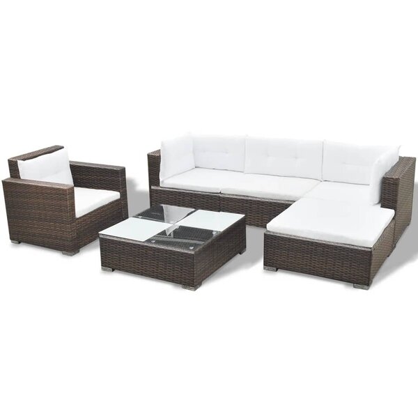 Salon de jardin meuble d'extérieur ensemble de mobilier 6 pièces avec coussins résine tressée marron 02_0016904